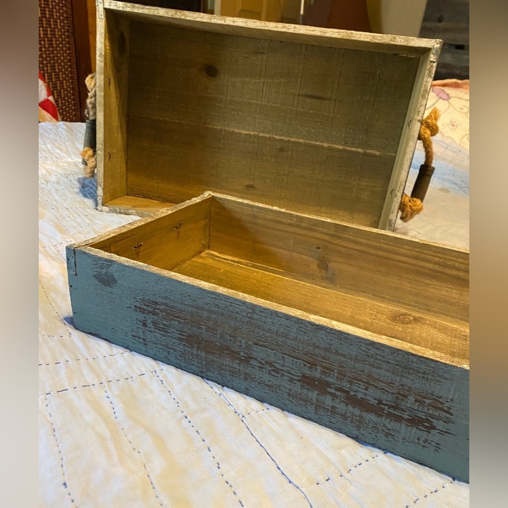 Rustic Wooden Storage Box with Rope Handles Blue/Brown set of 2
